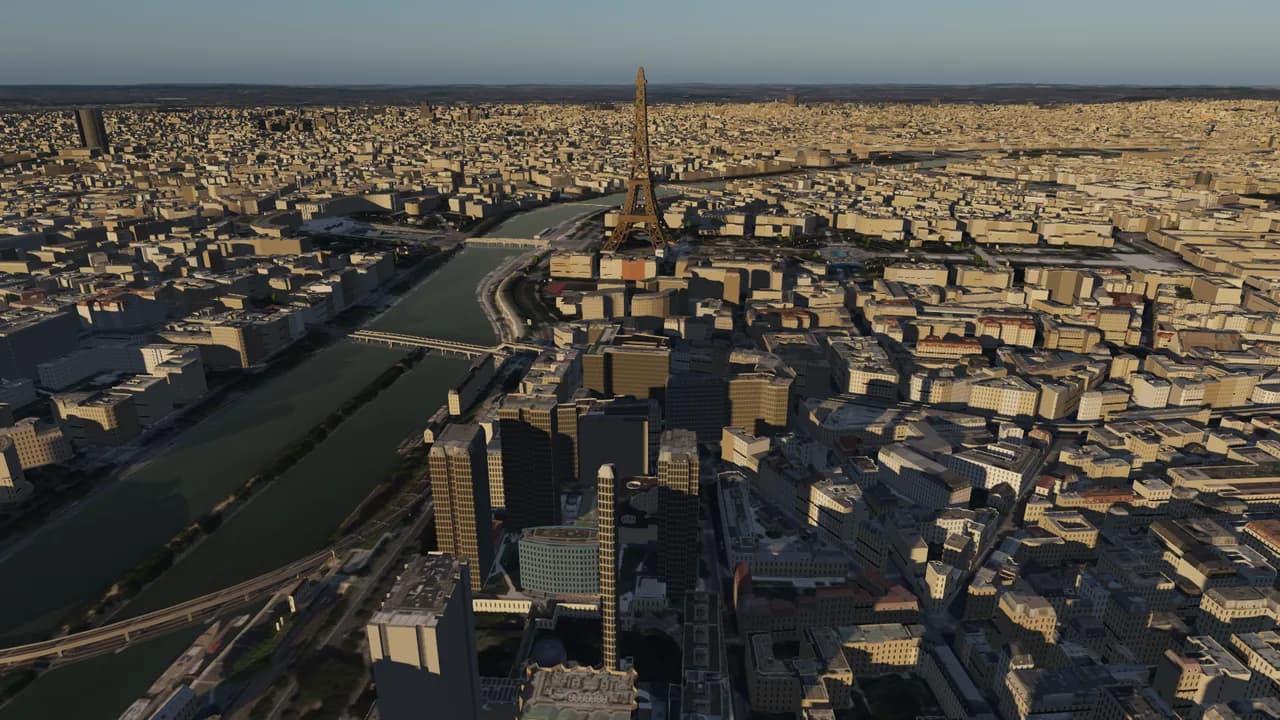 Paris in the late afternoon: the Seine, the Eiffel Tower and thousands of 3D buildings