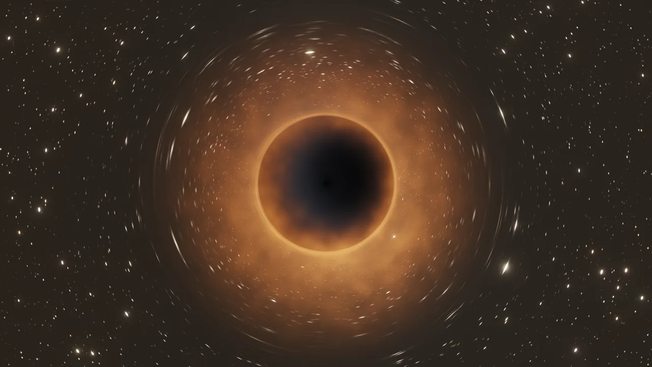 The black hole M87* with its glowing ring against a field of stars