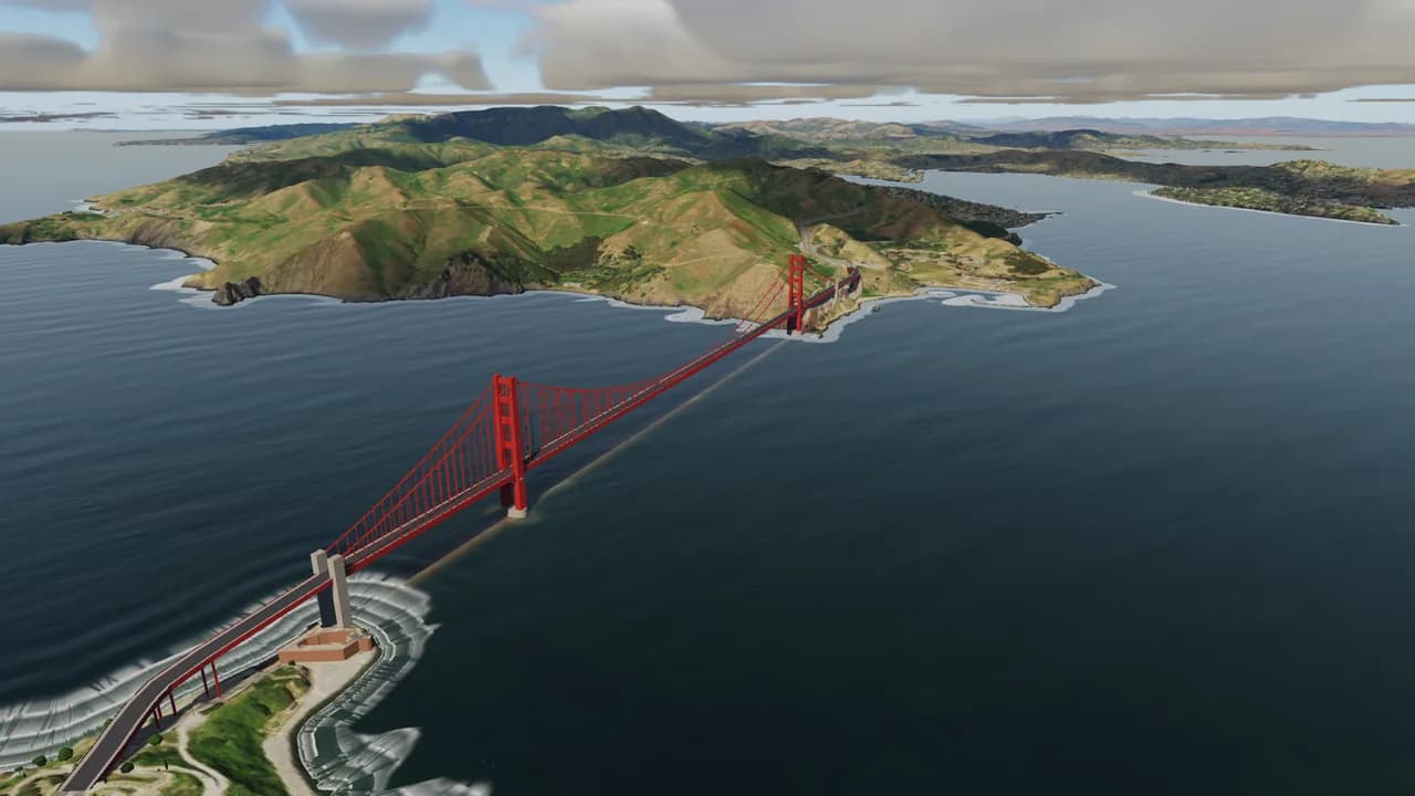 The Golden Gate Bridge across the strait, with the Marin Headlands behind
