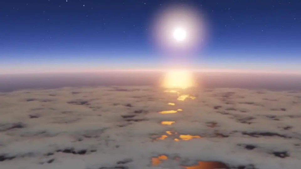 A deck of volumetric clouds seen from above at sunrise, the Sun reflecting in the gaps