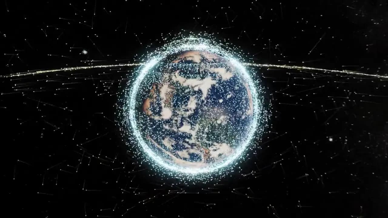 Planet DOTS: Earth in its swarm of satellites, Europe turning from day to night, a coral reef in the Maldives, and back out to Earth